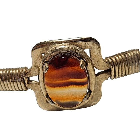 Vintage Elegant Brown Agate Cabochon Gold Tone Cuff Bracelet Fashion Jewelry - Picture 2 of 5